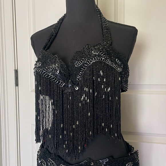 Black Silver Beaded Sequin Belly Oriental Dance Costume Black Green Satin Skirts - Picture 2 of 16